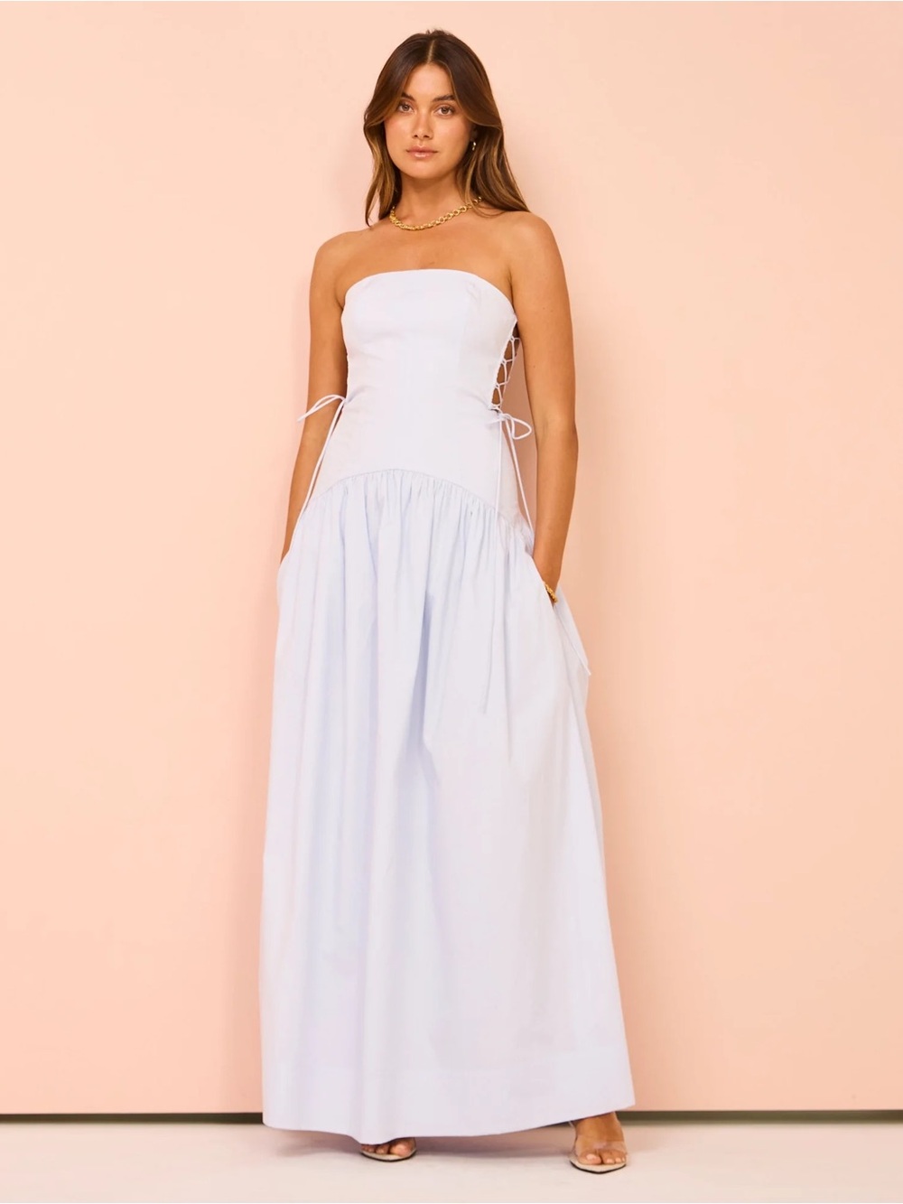 Shona Joy Strapless Pale Blue Maxi Dress with Side Lace-Up